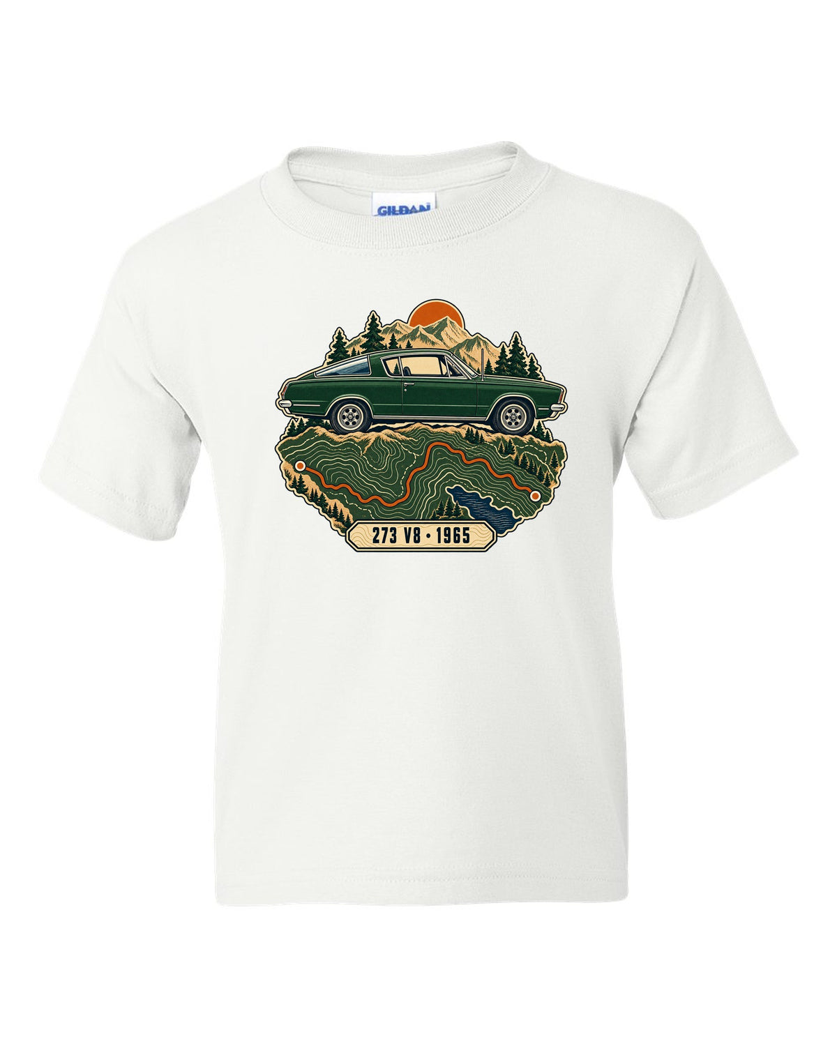 Topographic route map design with a 1965 Plymouth Barracuda fastback and 273 V8 lettering white kids tee front view with the design