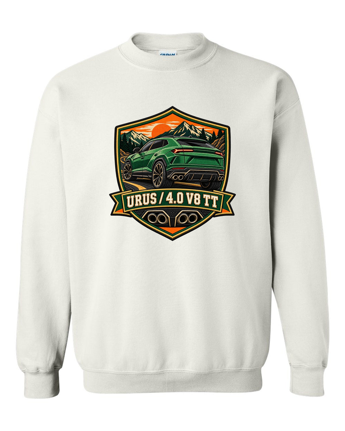 Embroidery-style shield crest of a Lamborghini Urus with 4.0 V8 TT text white crewneck front view with the design