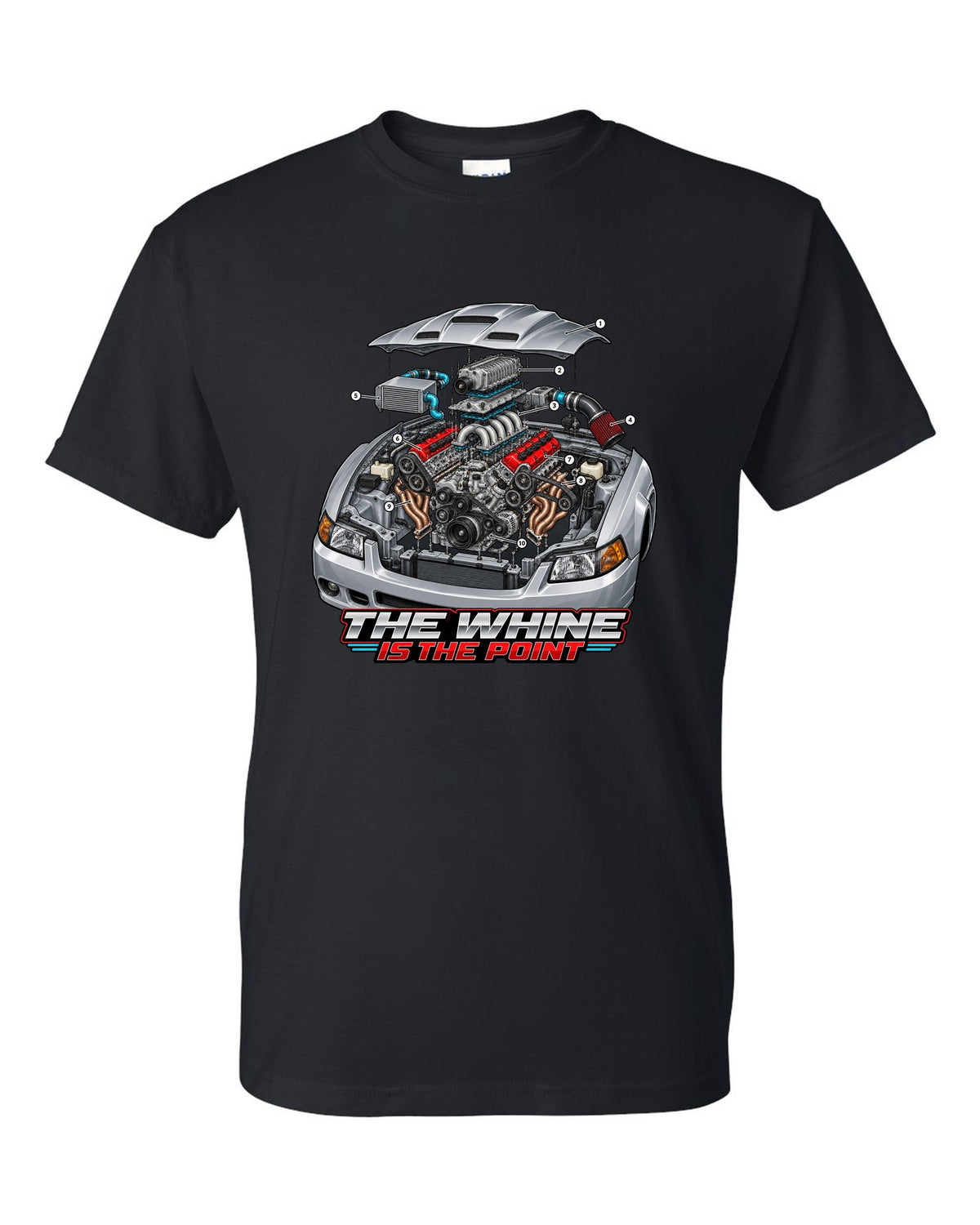Exploded engine cutaway print of a supercharged Ford Mustang SN95 Terminator-spec black t-shirt front view with the design