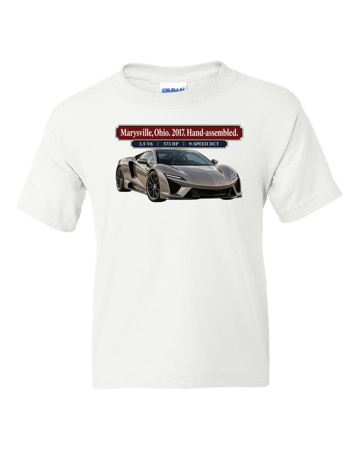 Archive panel print of a 2017 Acura NSX NC1 launch car in warm grey white kids tee front view with the design