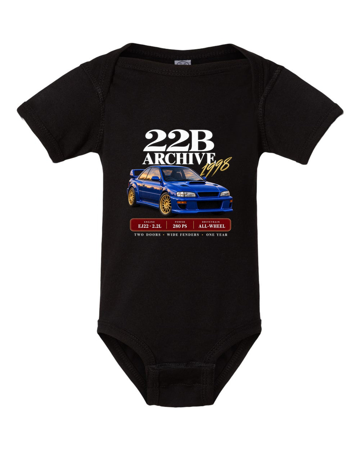Subaru Impreza 22B STI 1998 archive panel with EJ22 2.2L 280 PS specs black baby onesie front view with the design