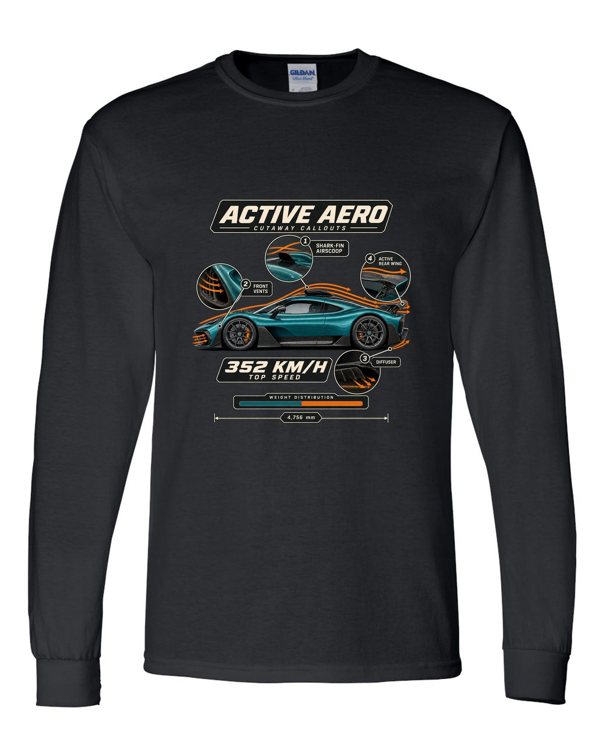 Mercedes-AMG One aero callout cutaway diagram with active aero labels black long sleeve front view with the design