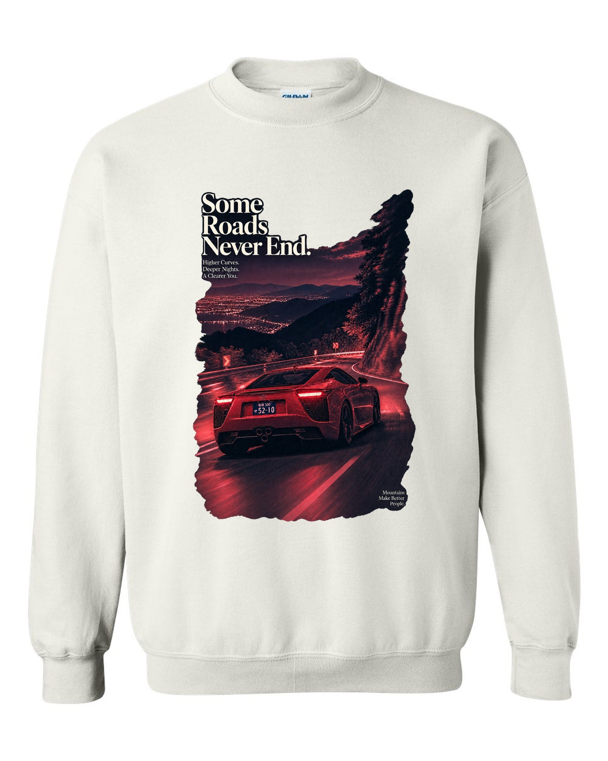Night touge scene with the Lexus LFA in magenta-red monochrome white crewneck front view with the design