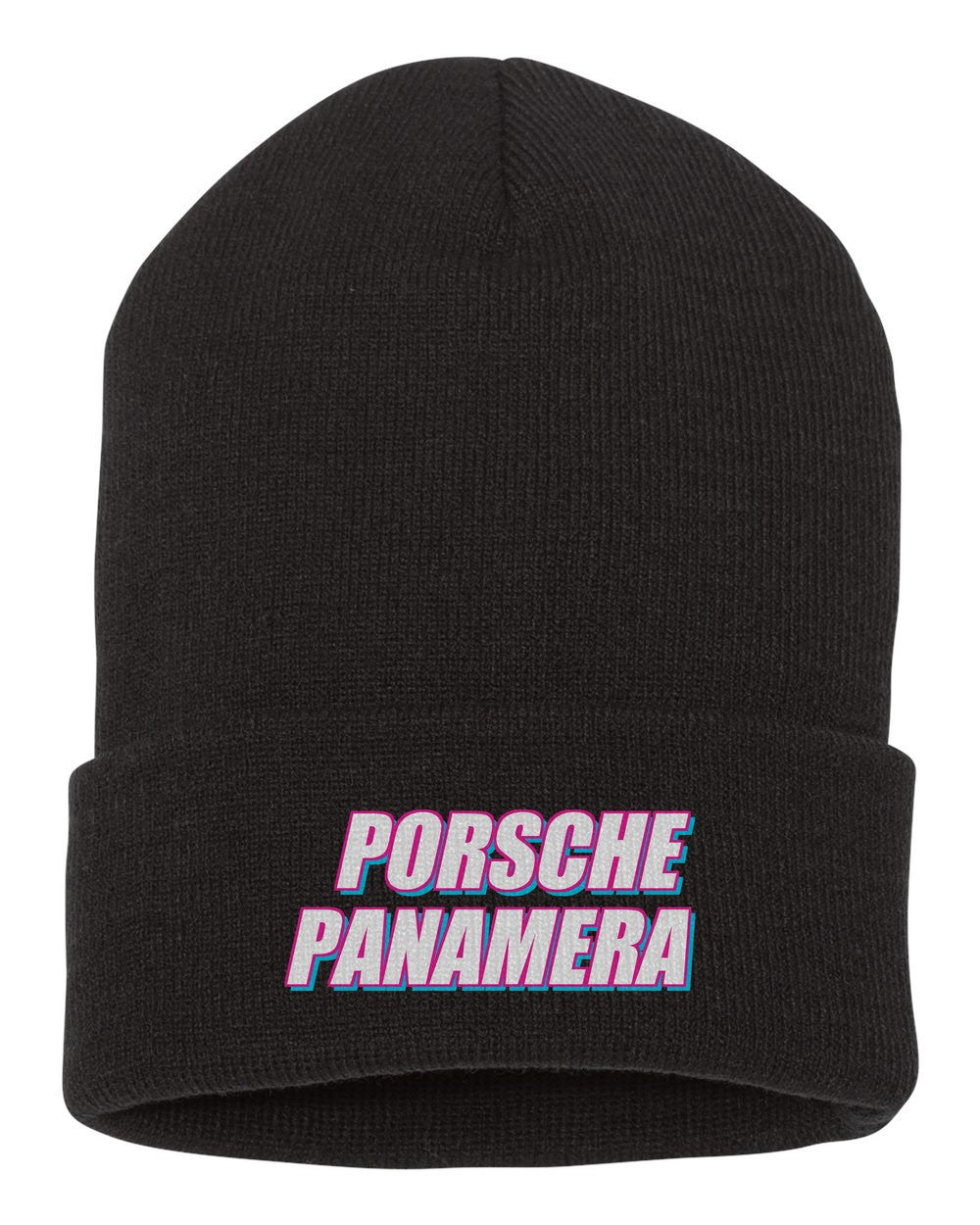 Porsche Panamera black beanie front view with car name