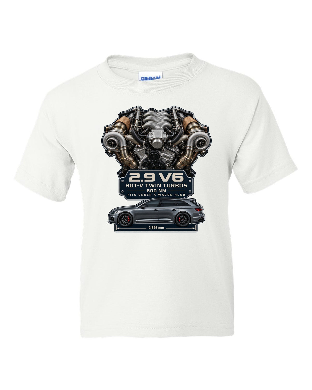 Audi RS4 B9 2.9 TFSI hot-V twin-turbo V6 engine graphic print white kids tee front view with the design