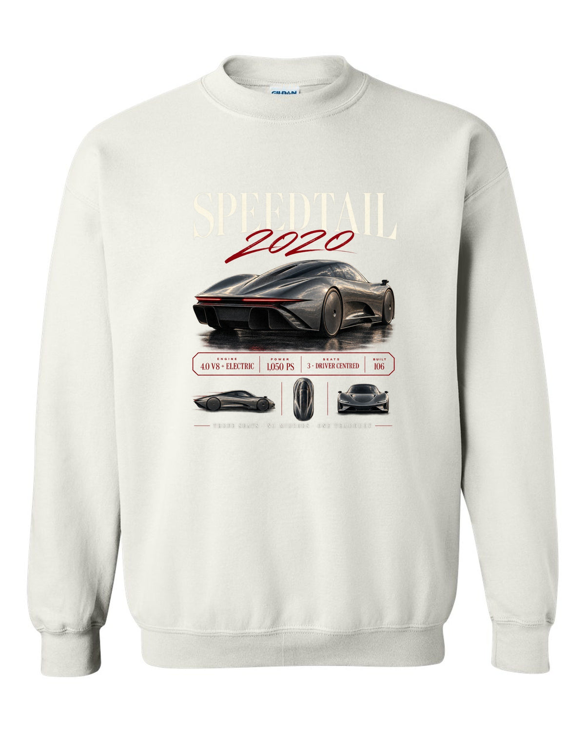 Archive panel print of a 2020 McLaren Speedtail with three seats and no mirrors text white crewneck front view with the design