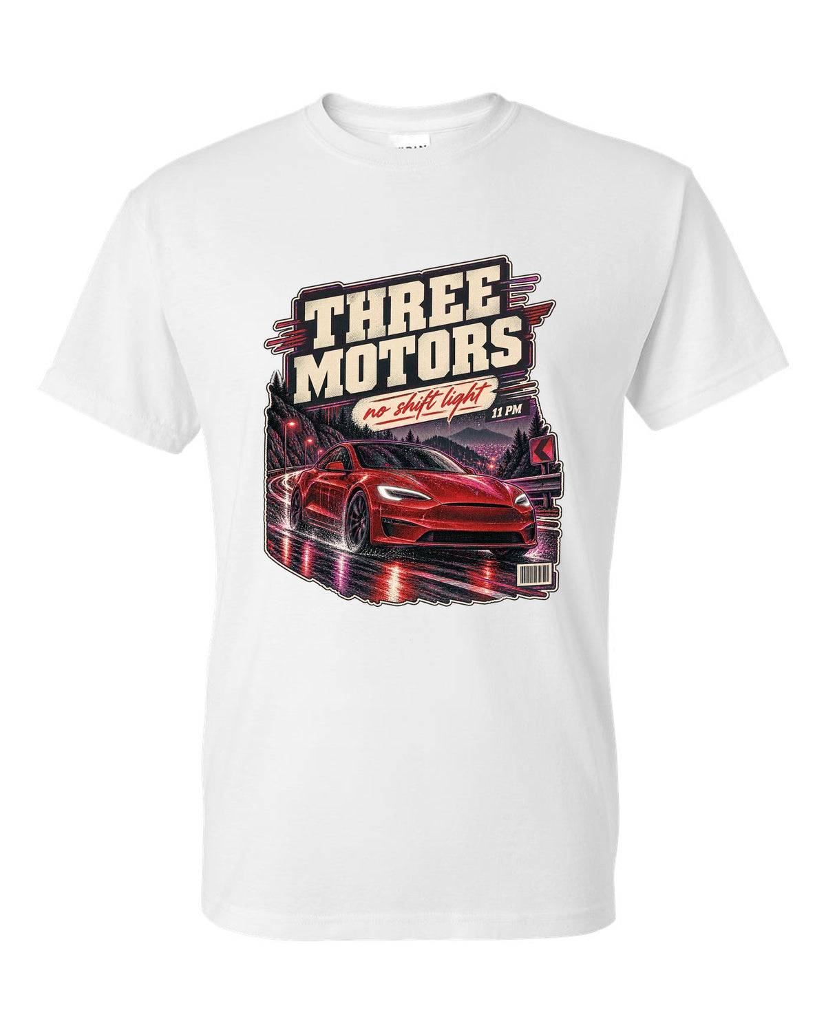Night street print of a Tesla Model S Plaid on a wet road white t-shirt front view with the design