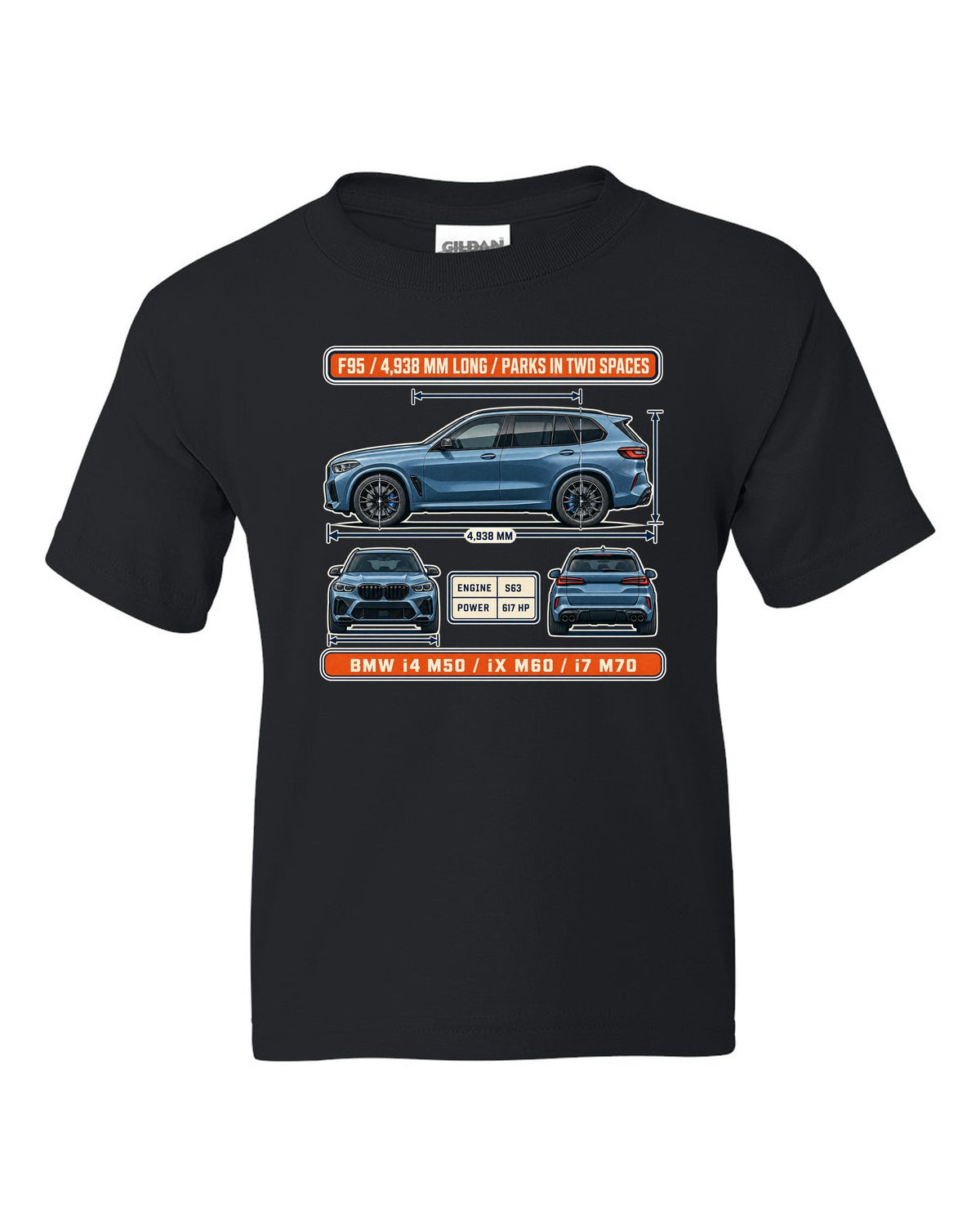 Dimension blueprint print of the BMW X5 M Competition F95 with 4,938 mm length black kids tee front view with the design