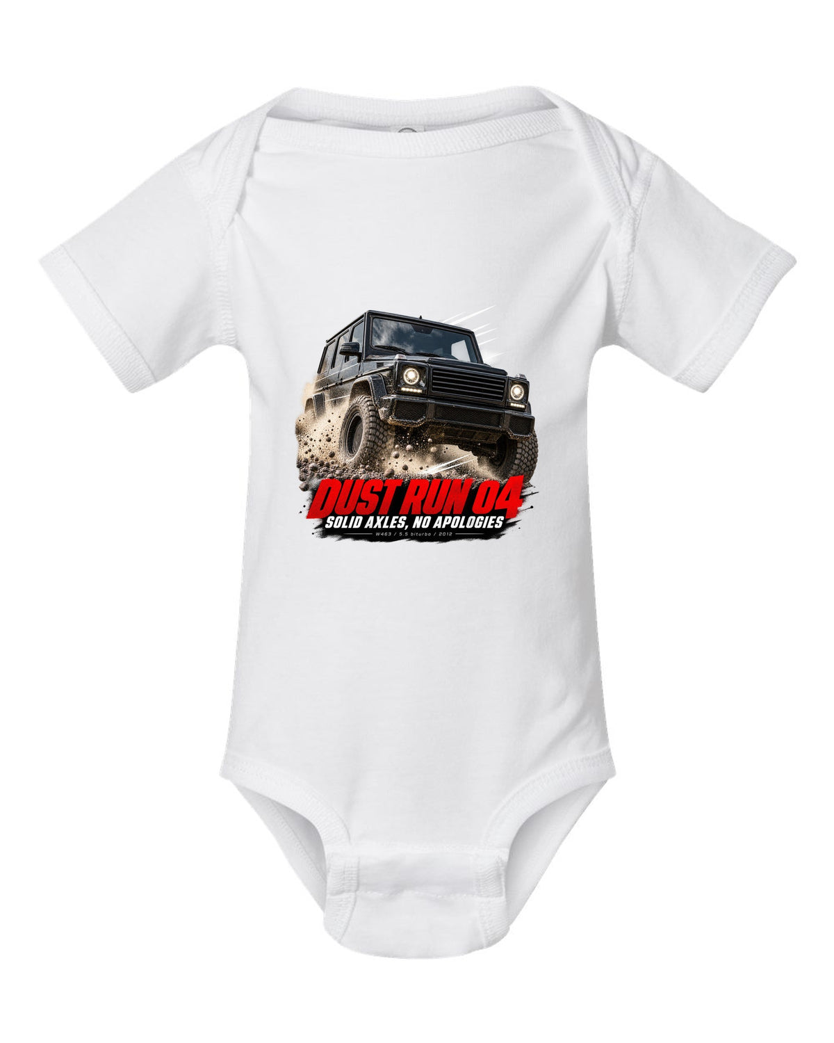 Race poster print of a Mercedes G63 AMG W463 with Dust Run 04 Solid Axles lettering white baby onesie front view with the design