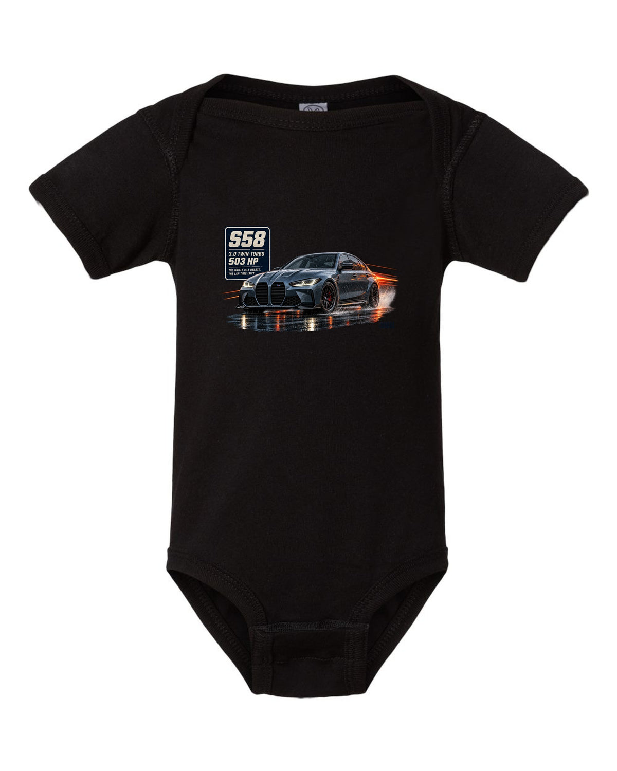 print of a BMW M3 Competition G80 on a night touge road in blue-grey black baby onesie front view with the design