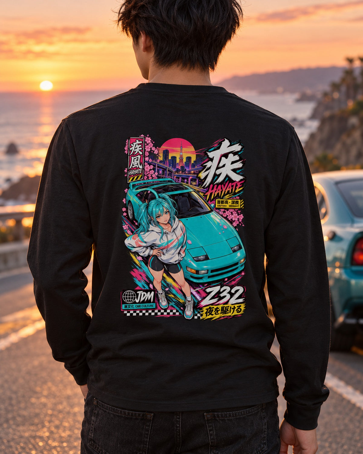 HAYATE Z32 Anime Girl Full-Back Graphic Tee Long Sleeve Black worn hero