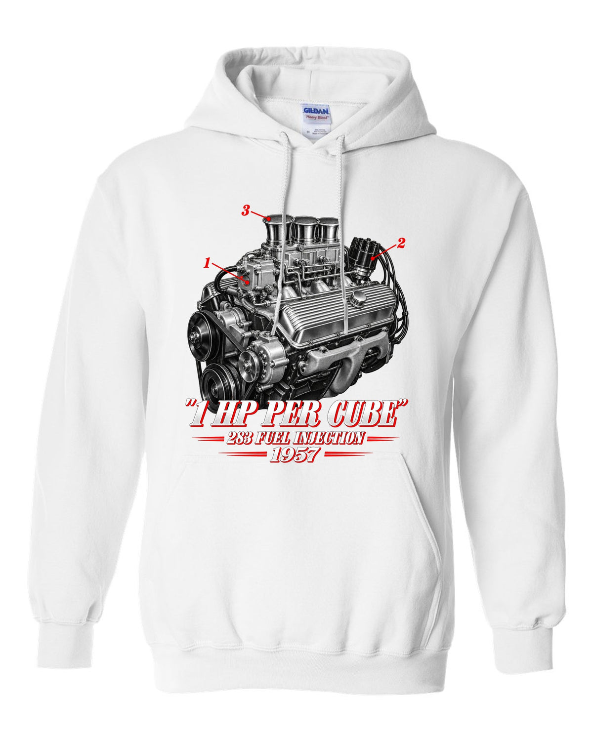 Chevrolet Corvette C1 1957 fuel-injected 283 engine print white pull over hoodie front view with the design