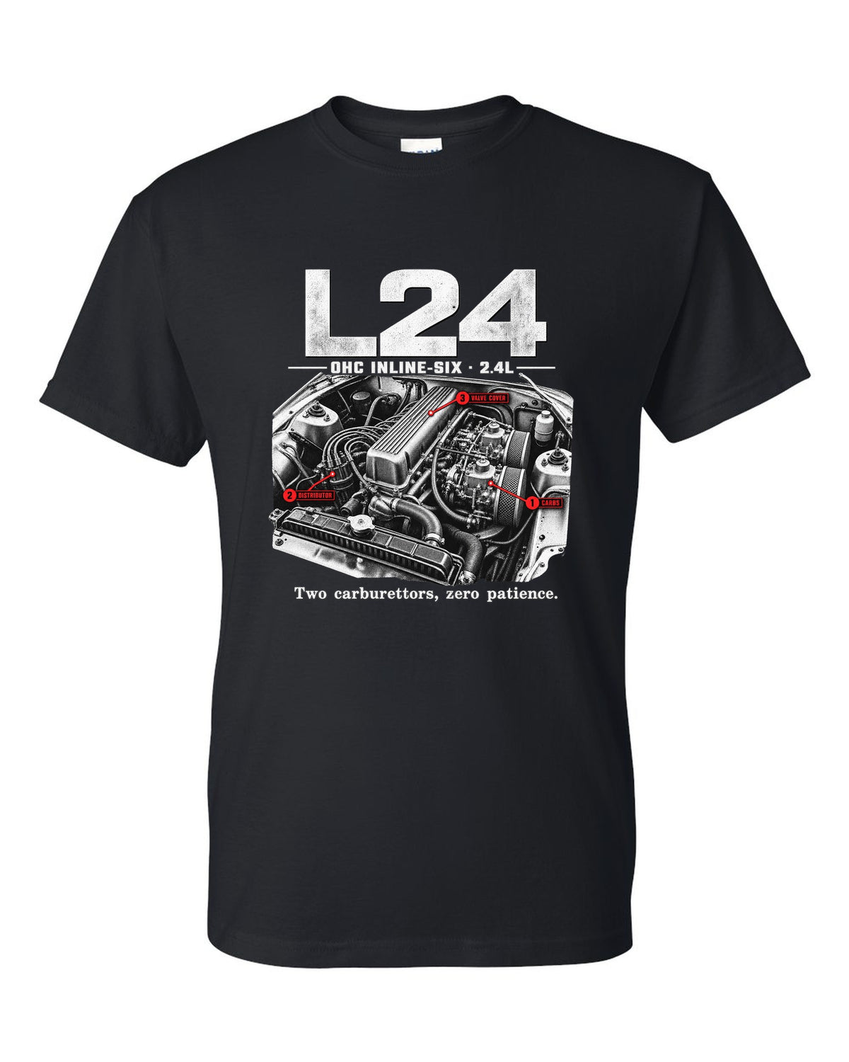 Engine bay print of a Datsun 240Z S30 L24 inline-six with carburettors black t-shirt front view with the design