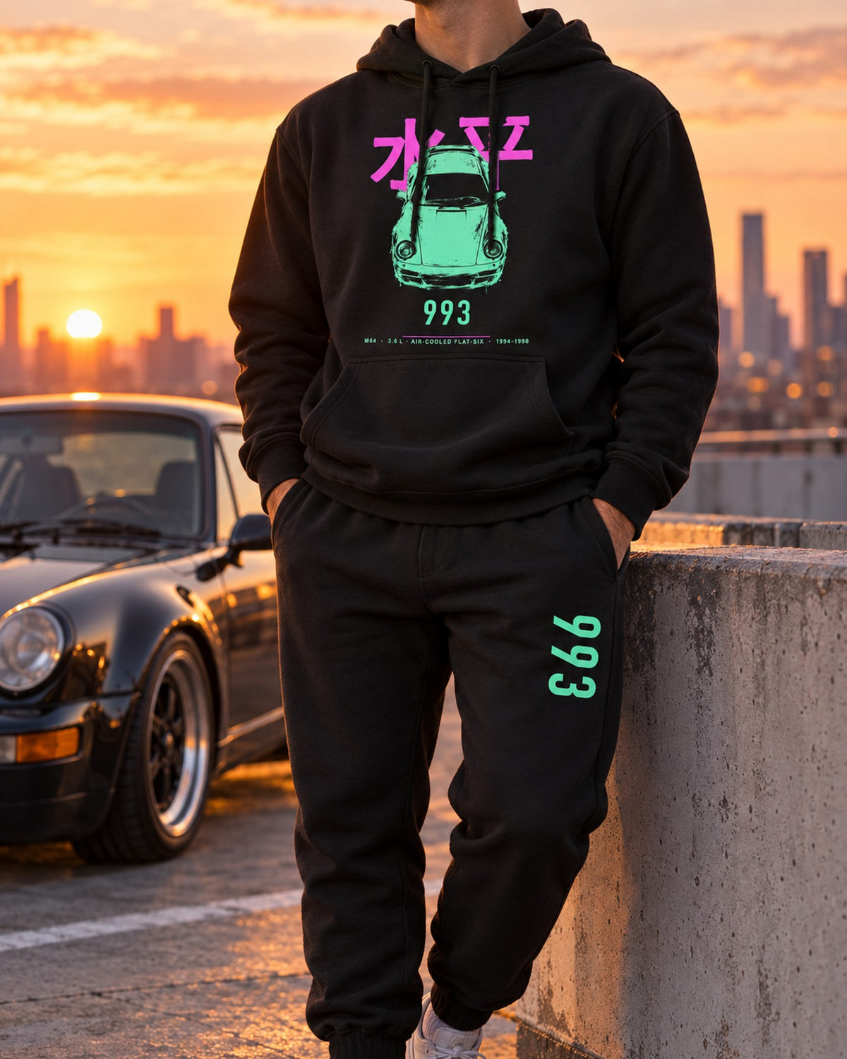 P993 Chassis Code Hoodie + Jogger Set Black worn hero