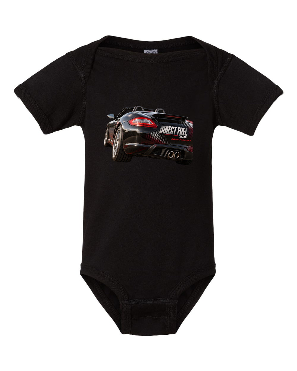 Taillight macro print of a Porsche Boxster 987.2 facelift black baby onesie front view with the design