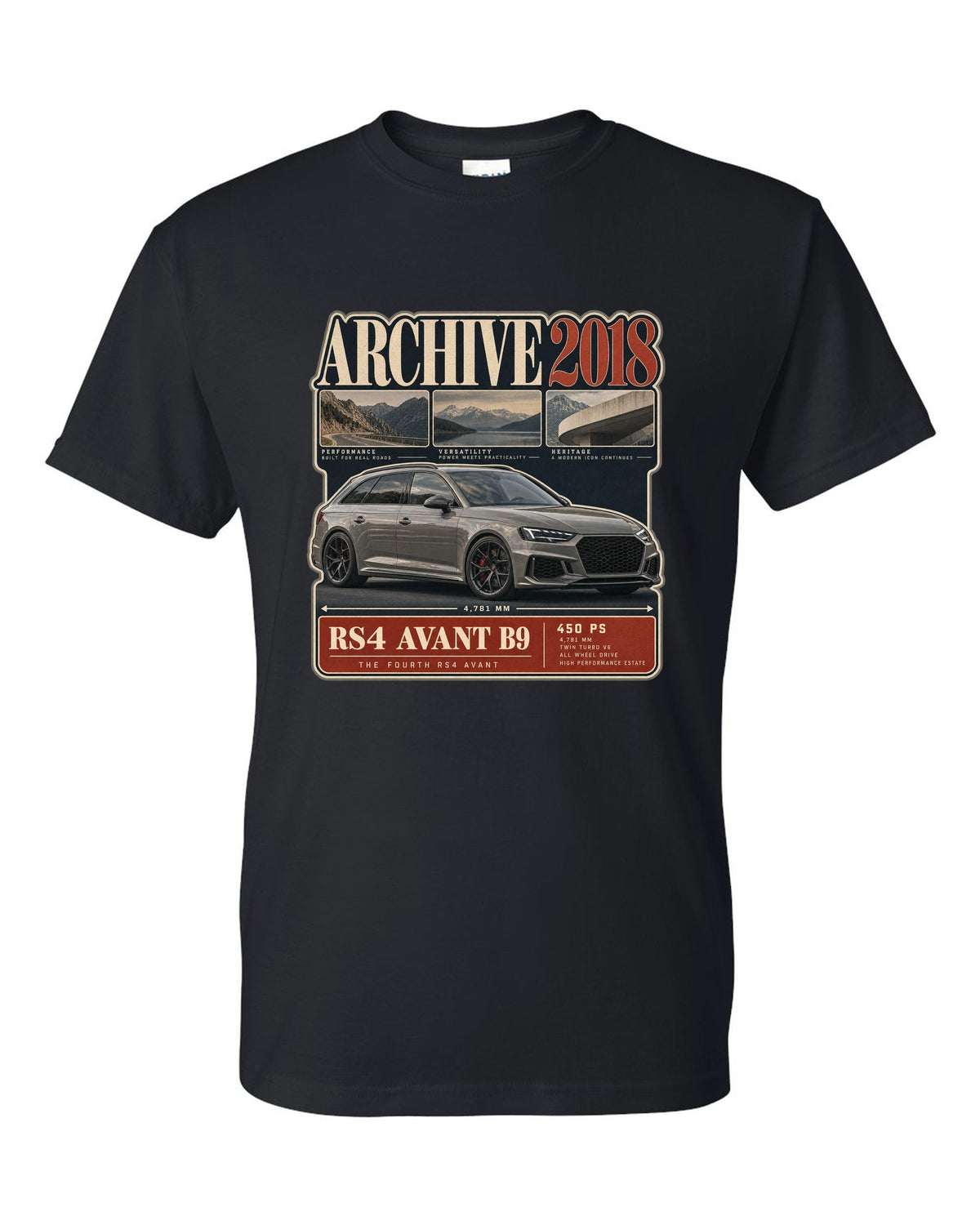 Audi RS4 Avant B9 archive panel print marked 2018 with 450 PS black t-shirt front view with the design