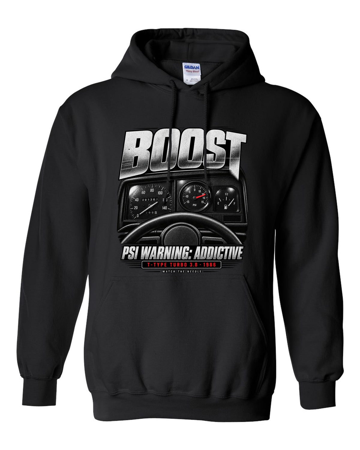 1986 Buick Grand National boost gauge cockpit print with T-Type turbo text black pull over hoodie front view with the design