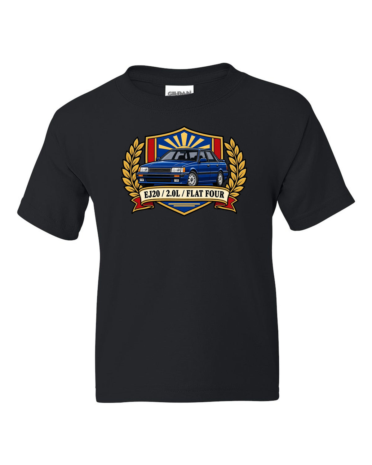 Shield crest design for a Subaru Legacy BC5 RS with EJ20 2.0L flat four text black kids tee front view with the design