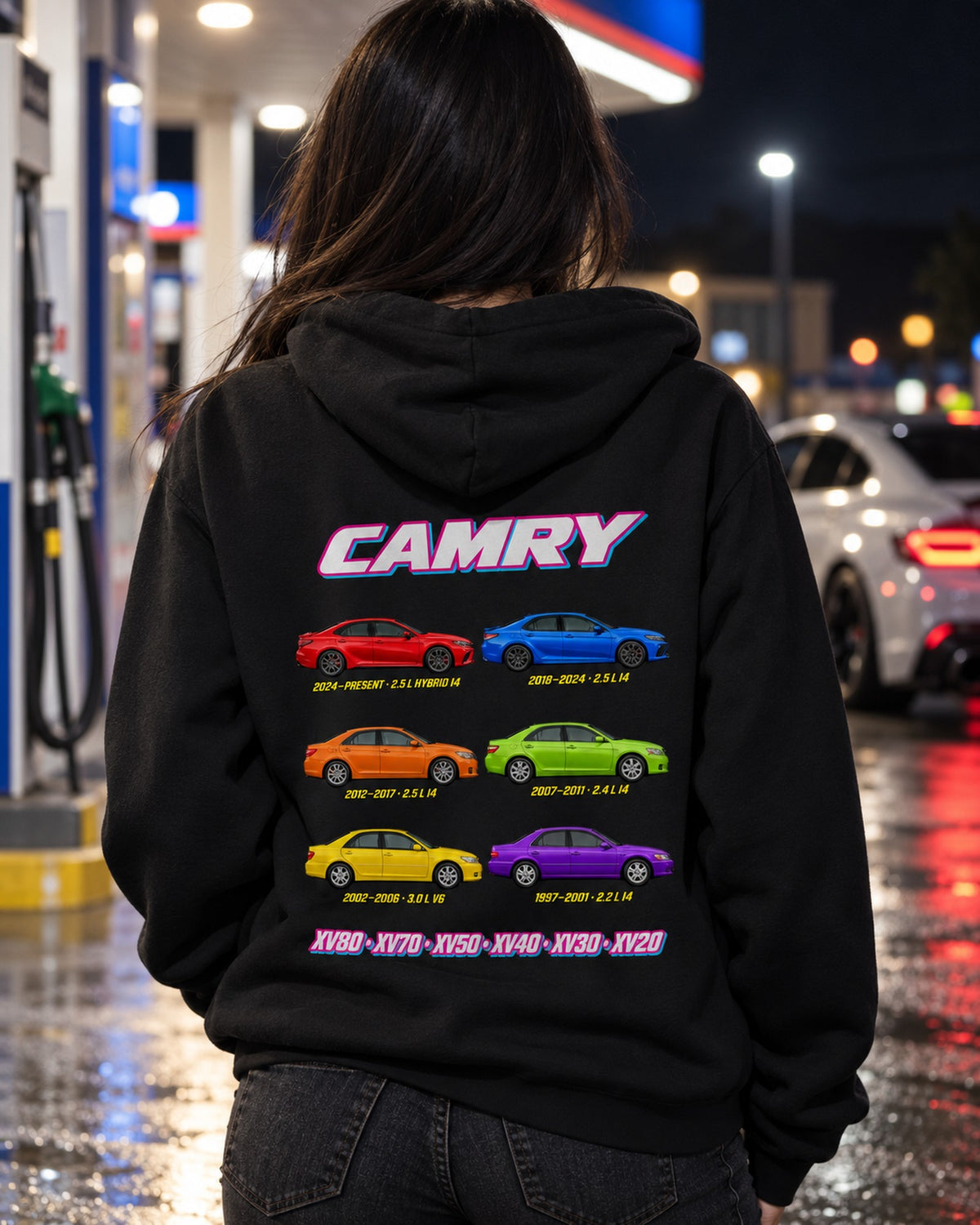 Toyota Camry Evolution Poster Full-Back Graphic Tee Pull Over Hoodie Black worn hero