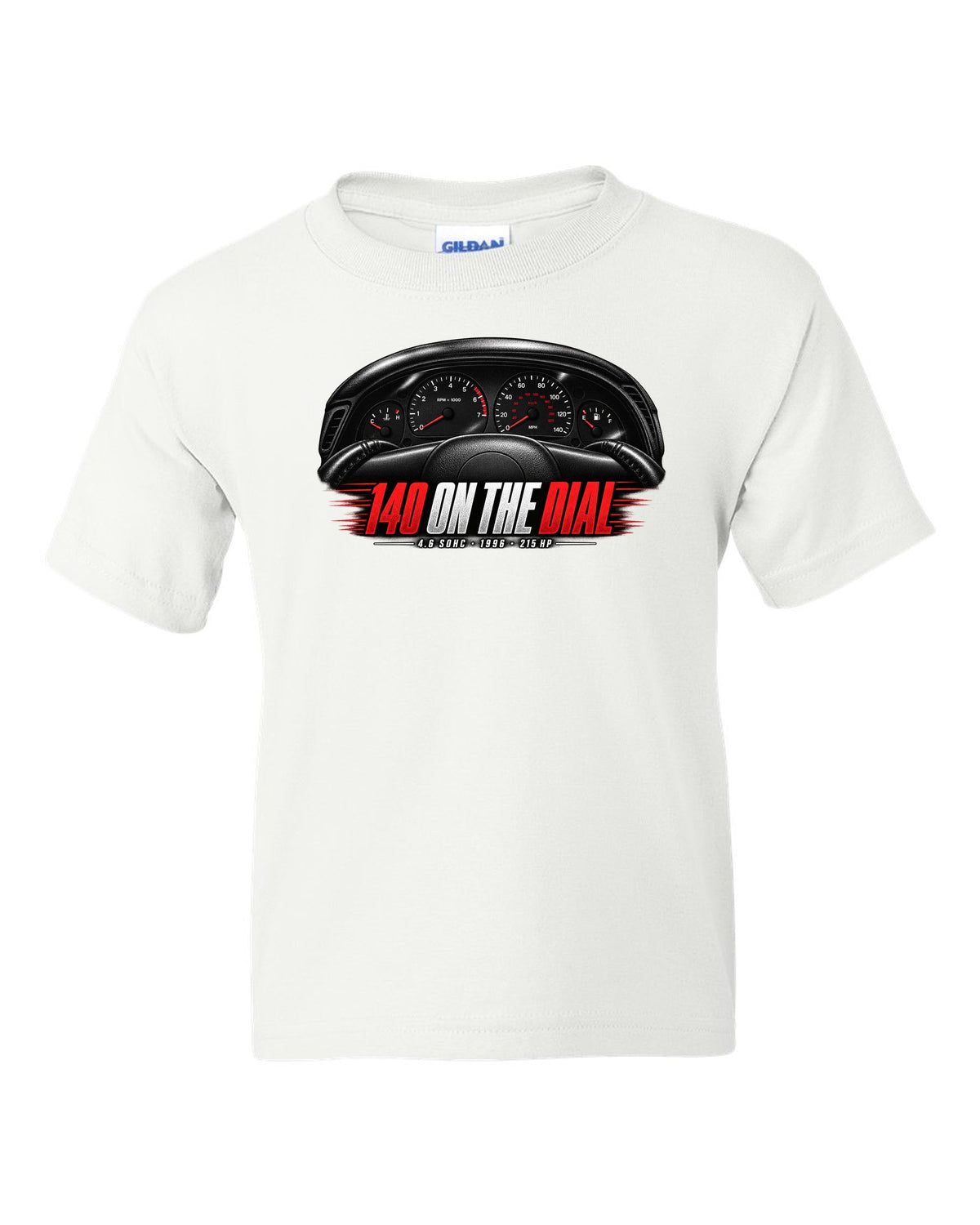 print of an SN95 Ford Mustang GT gauge cluster with 140 on the dial white kids tee front view with the design