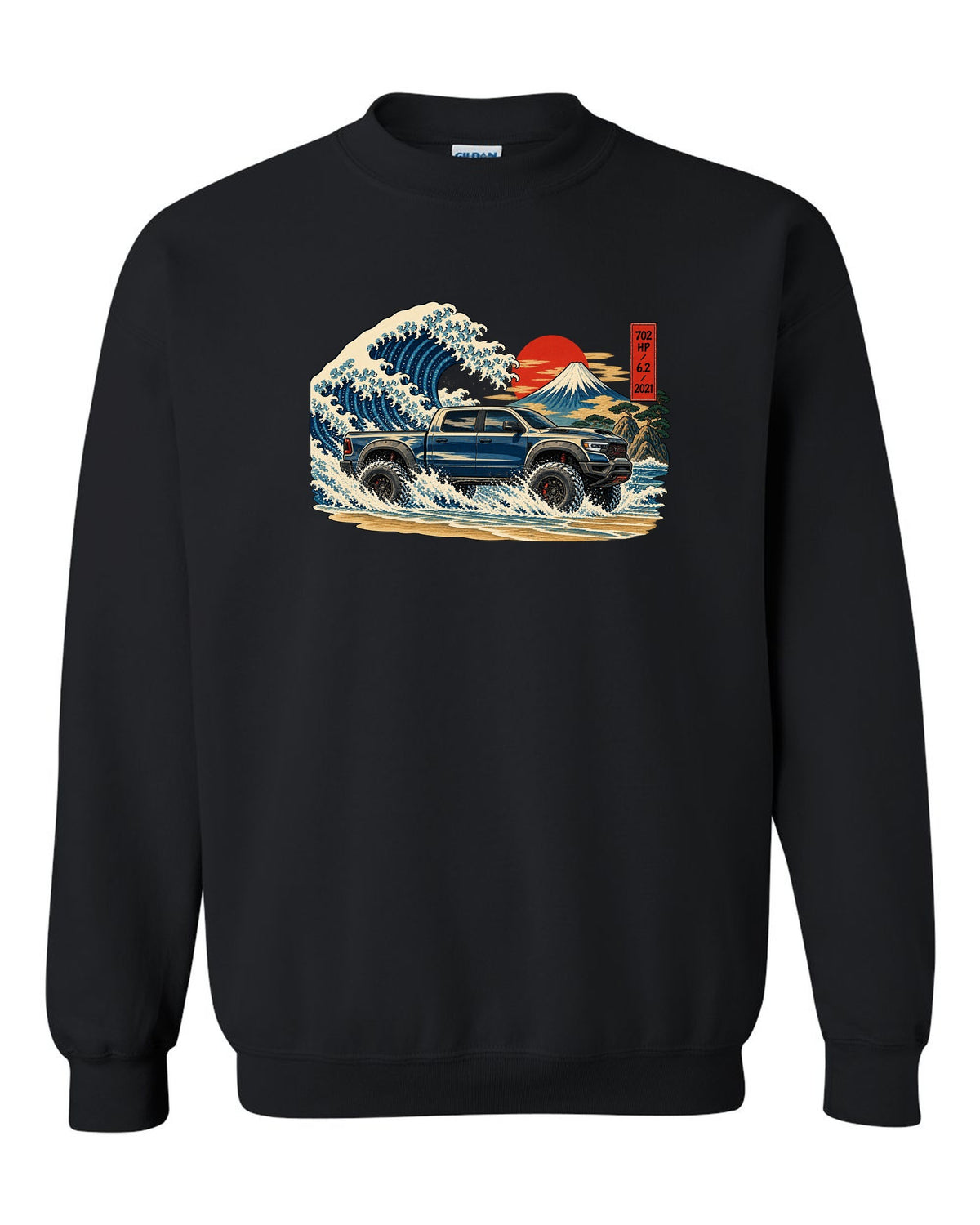Ukiyo-e great wave woodblock print of a 2021-2024 Ram 1500 TRX with 702 HP 6.2 2021 text black crewneck front view with the design