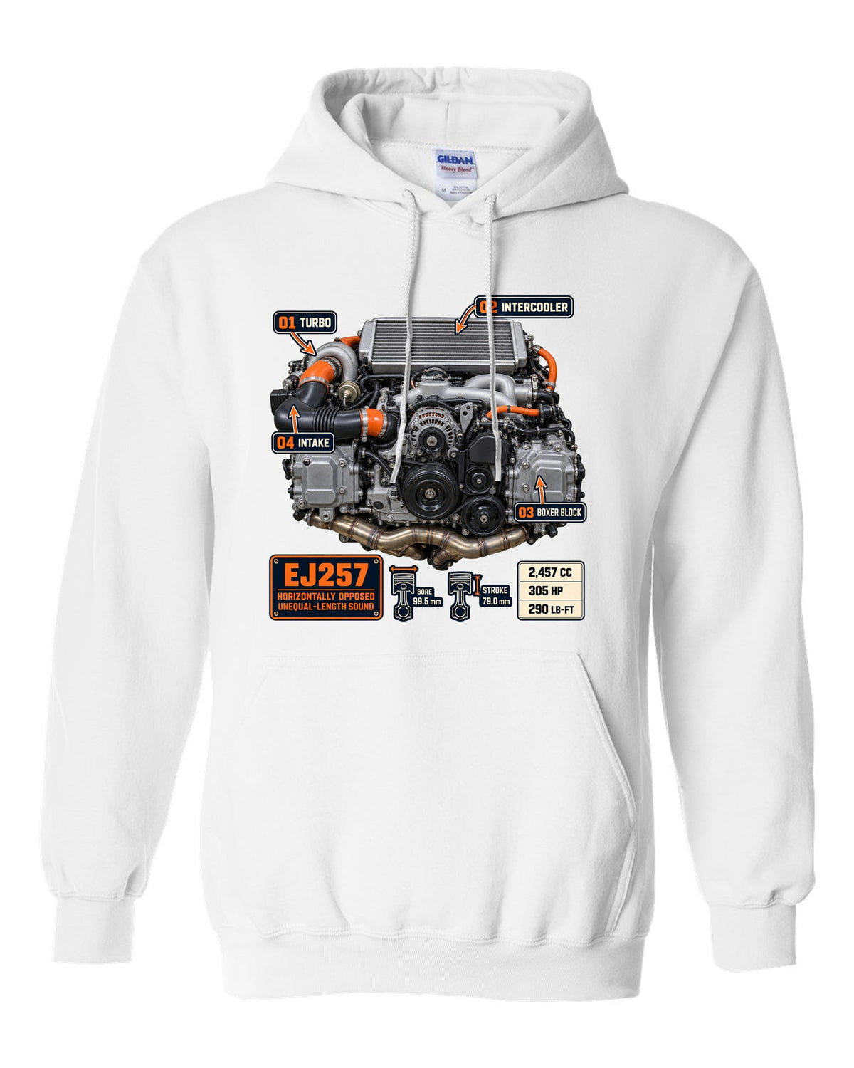 Poster-style print of a Subaru EJ257 boxer engine from the WRX STI VA with technical callouts white pull over hoodie front view with the design