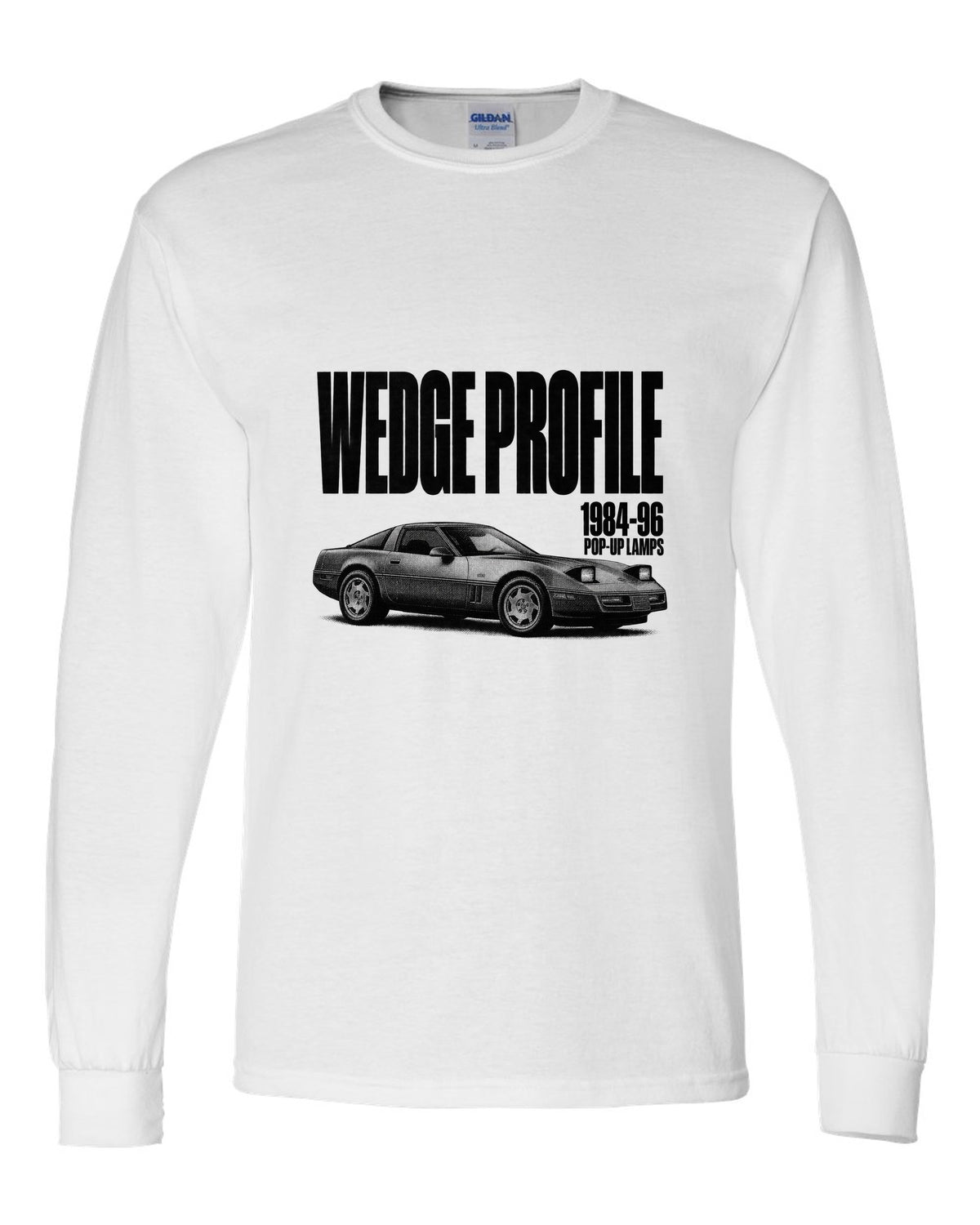 Chevrolet Corvette C4 1989 coupe wedge profile halftone print white long sleeve front view with the design