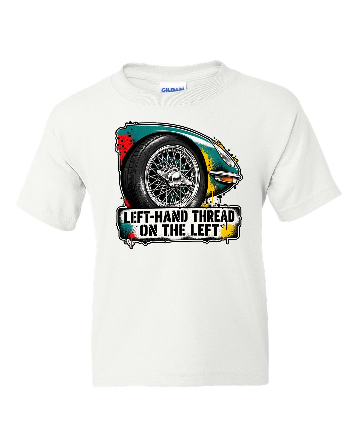 Jaguar E-Type Series 1 stencil spray with LEFT-HAND THREAD ON THE LEFT lettering white kids tee front view with the design