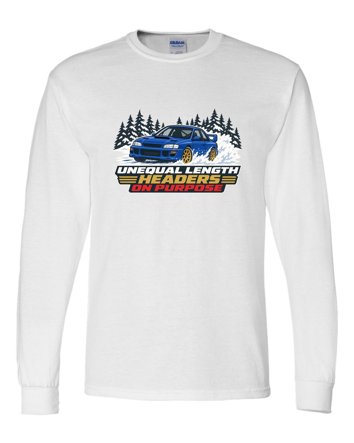 Flat vector print of a Subaru Impreza WRX STI GC8 with unequal length headers on purpose lettering white long sleeve front view with the design