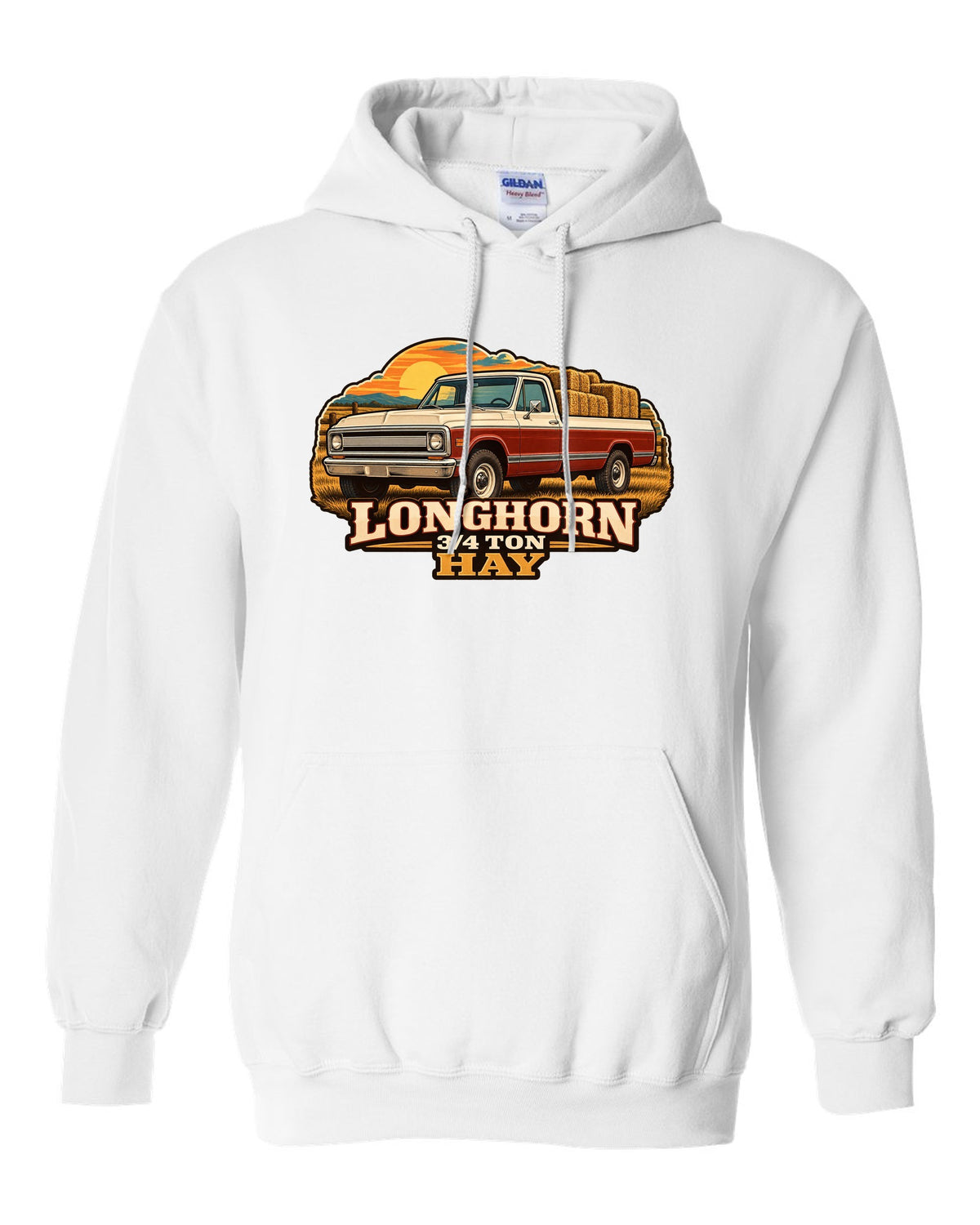 Vintage dealer-ad print of a 1967-72 Chevrolet C20 Longhorn with Longhorn 3/4 Ton Hay text white pull over hoodie front view with the design