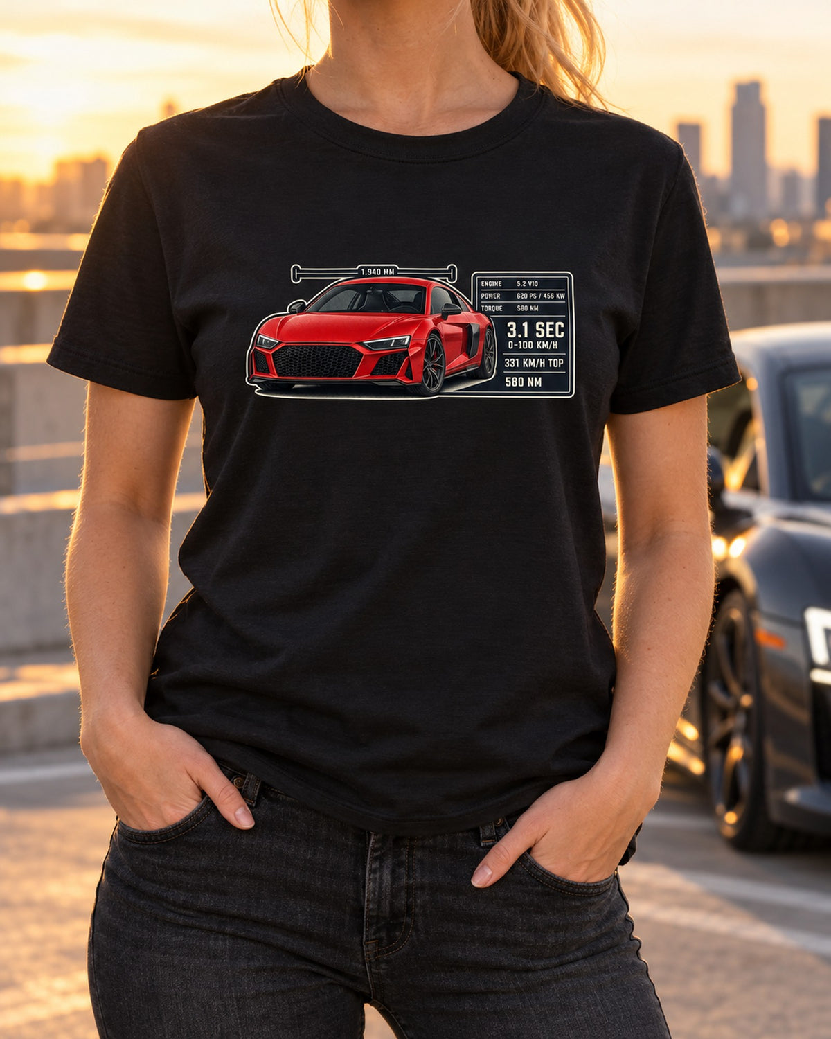 Audi R8 V10 Performance Spec Poster Tee, 331 km/h Top Speed T-Shirt Black worn hero