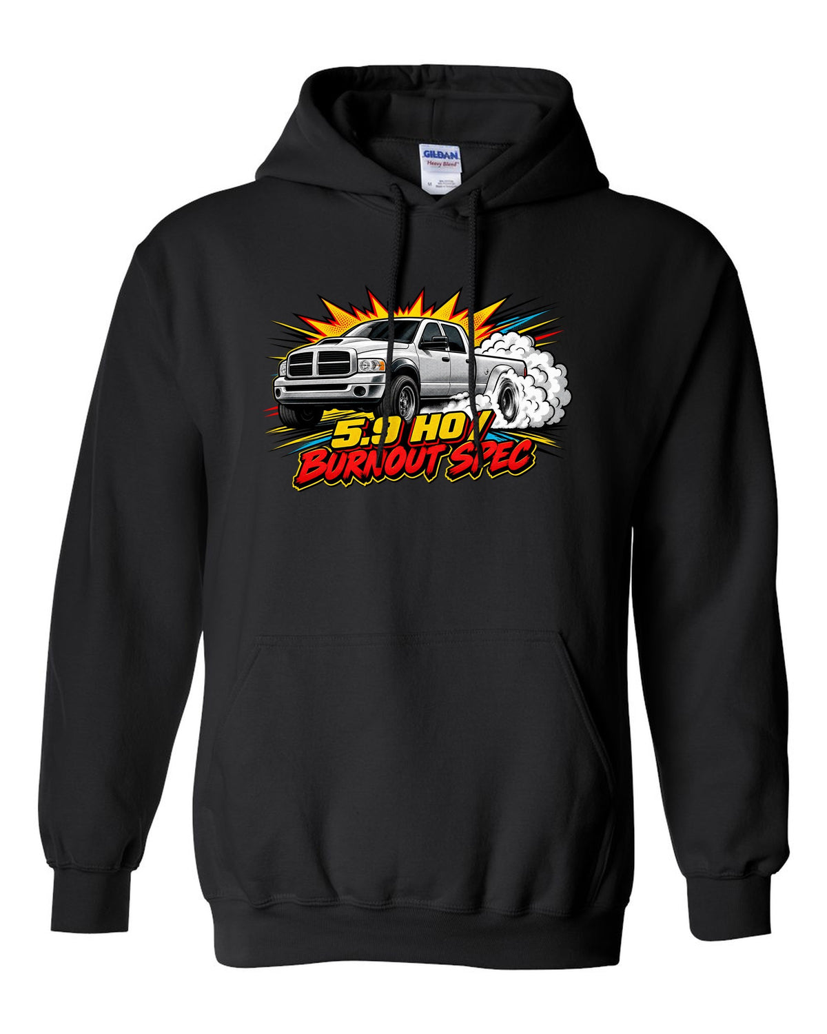 Comic halftone pop-art of a 2003-2009 Dodge Ram 3rd gen 5.9 HO with the words Burnout Spec black pull over hoodie front view with the design