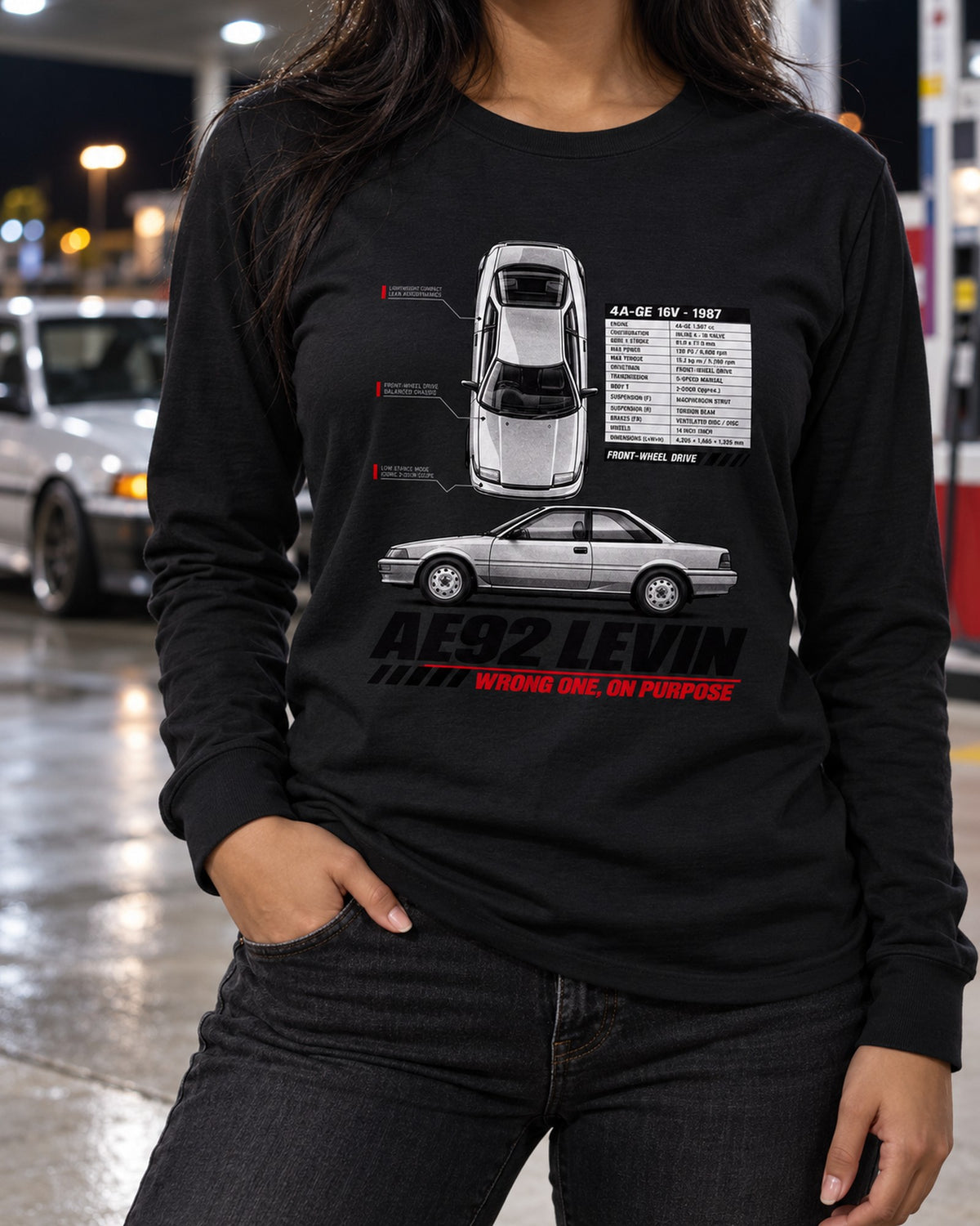 Toyota Corolla Levin AE92 Front-Drive Spec Poster Shirt, 4A-GE Long Sleeve Black worn hero