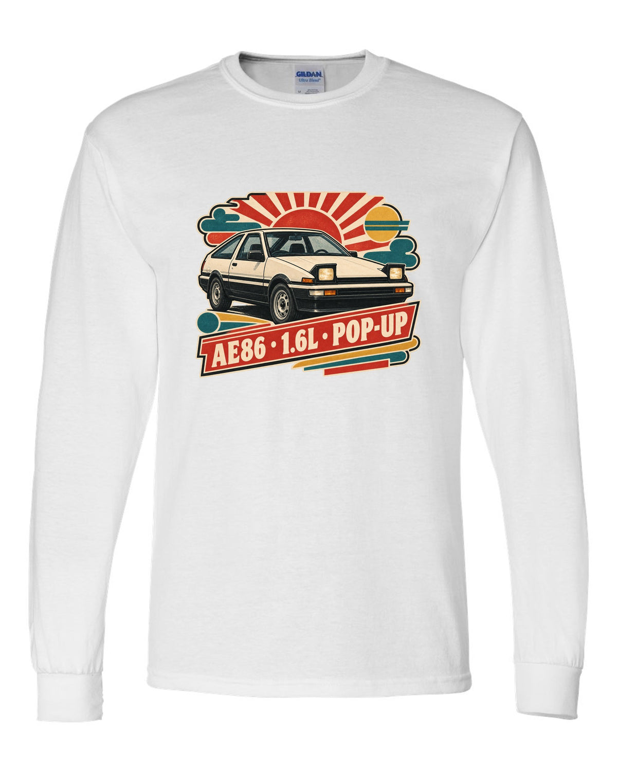 Retro Japanese Showa catalogue ad style print of a 1985 Toyota Sprinter Trueno AE86 with pop-up lettering white long sleeve front view with the design