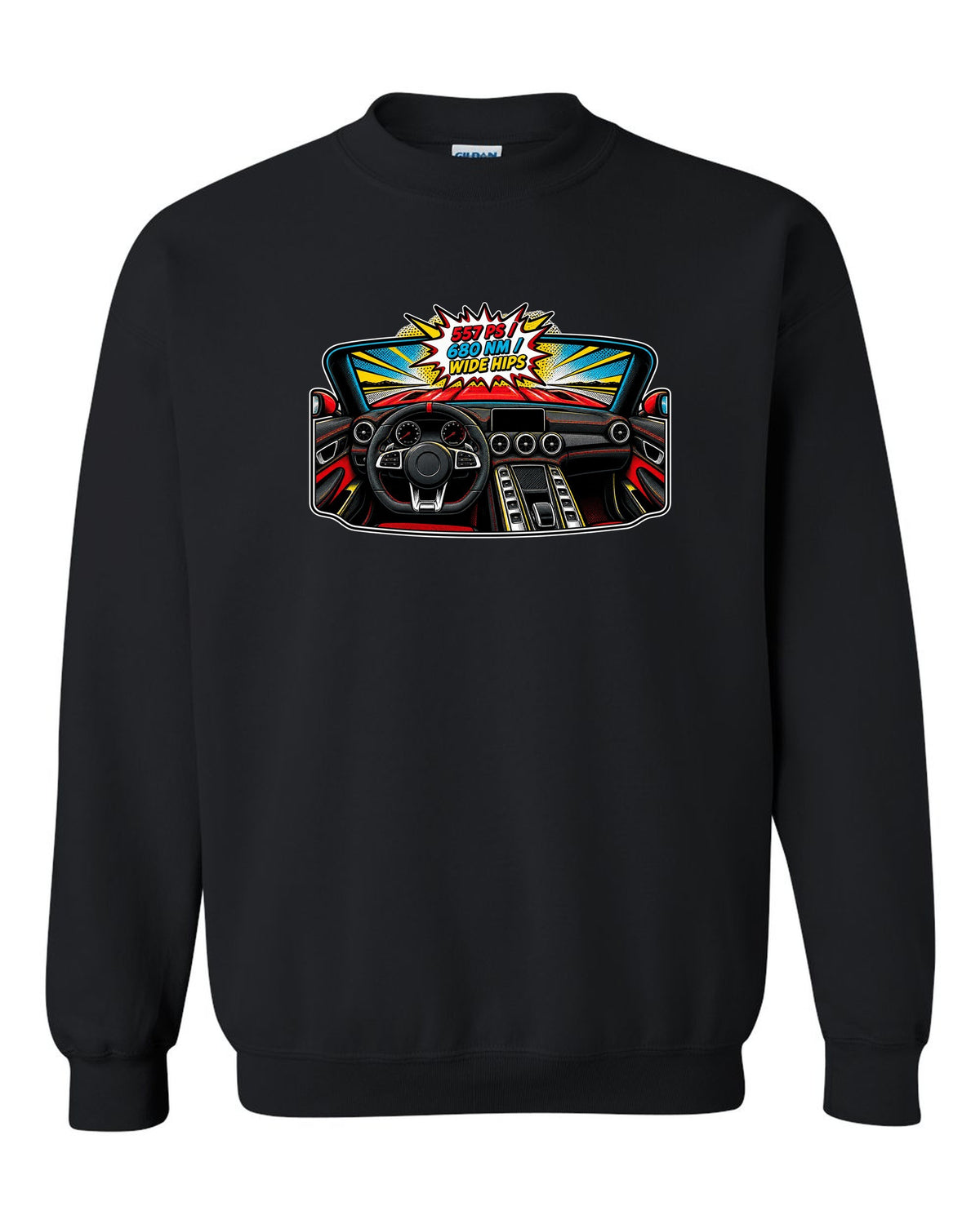 Isometric topographic route map of the Nordschleife with Flugplatz and Schwedenkreuz text for a Mercedes AMG GT C190 black crewneck front view with the design