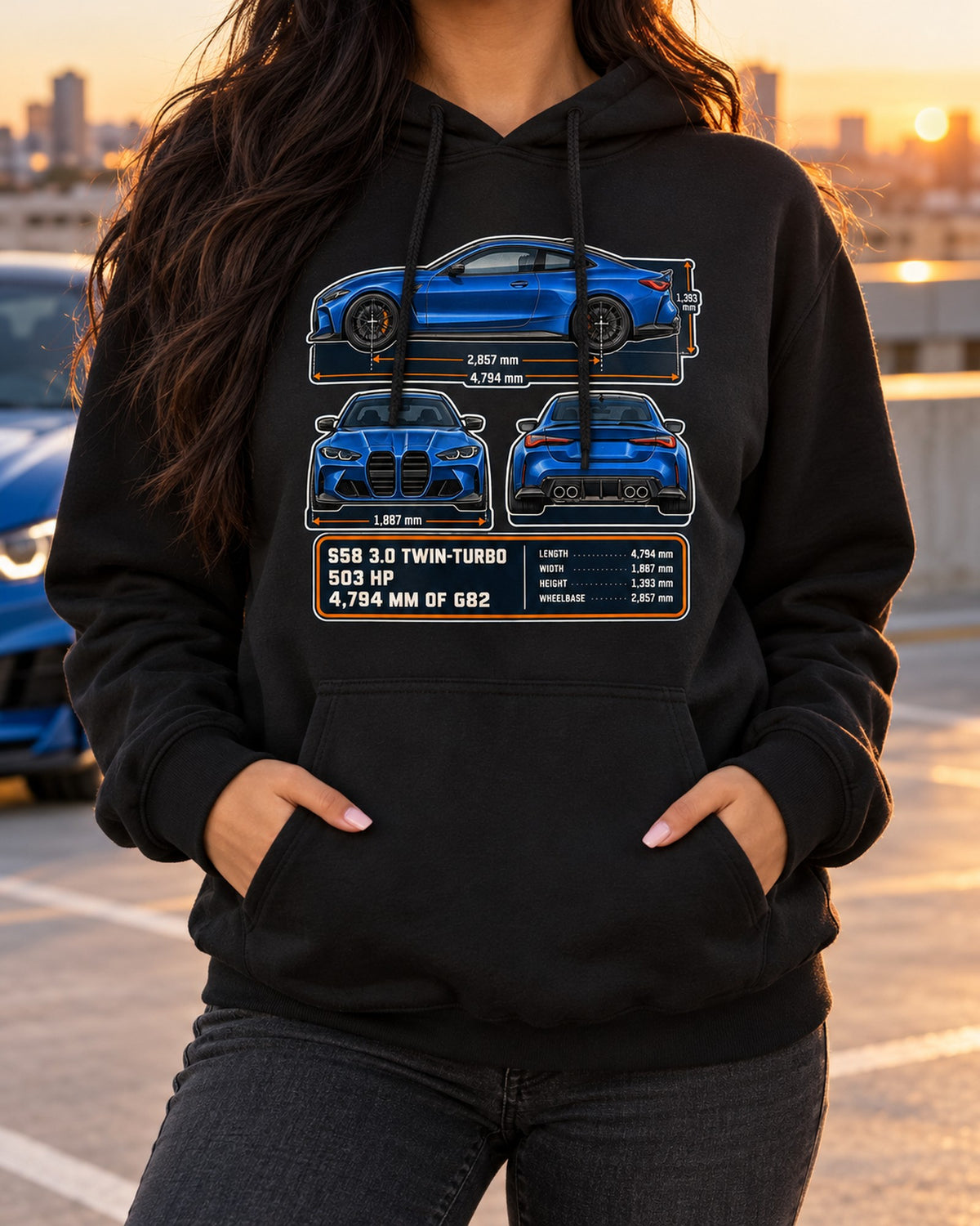 BMW M4 Competition G82 Dimension Blueprint Shirt, S58 Gift Pull Over Hoodie Black worn hero