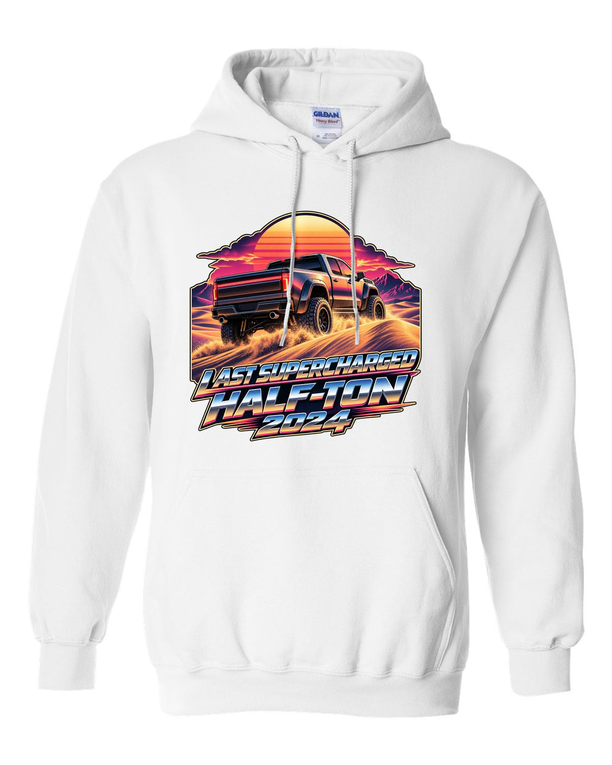 Retro 80s sunset print of a Ram 1500 TRX Final Edition on dunes white pull over hoodie front view with the design