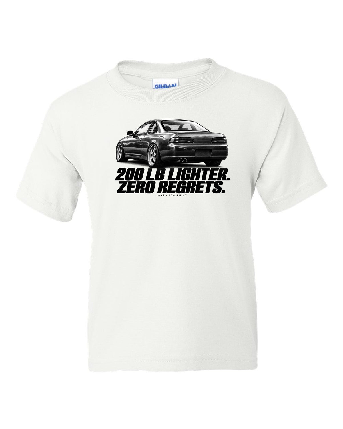 BMW E36 M3 Lightweight 1995 halftone print with 200 lb lighter and 126 built text white kids tee front view with the design