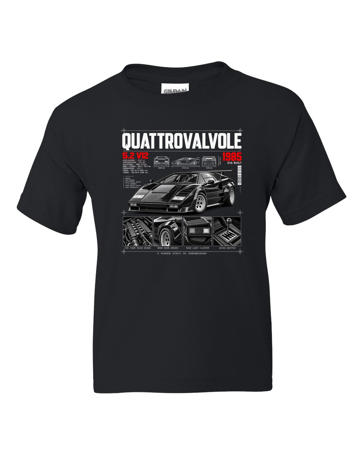 Dossier panel print of a Lamborghini Countach LP5000 QV with 5.2 V12 and 610 built text black kids tee front view with the design
