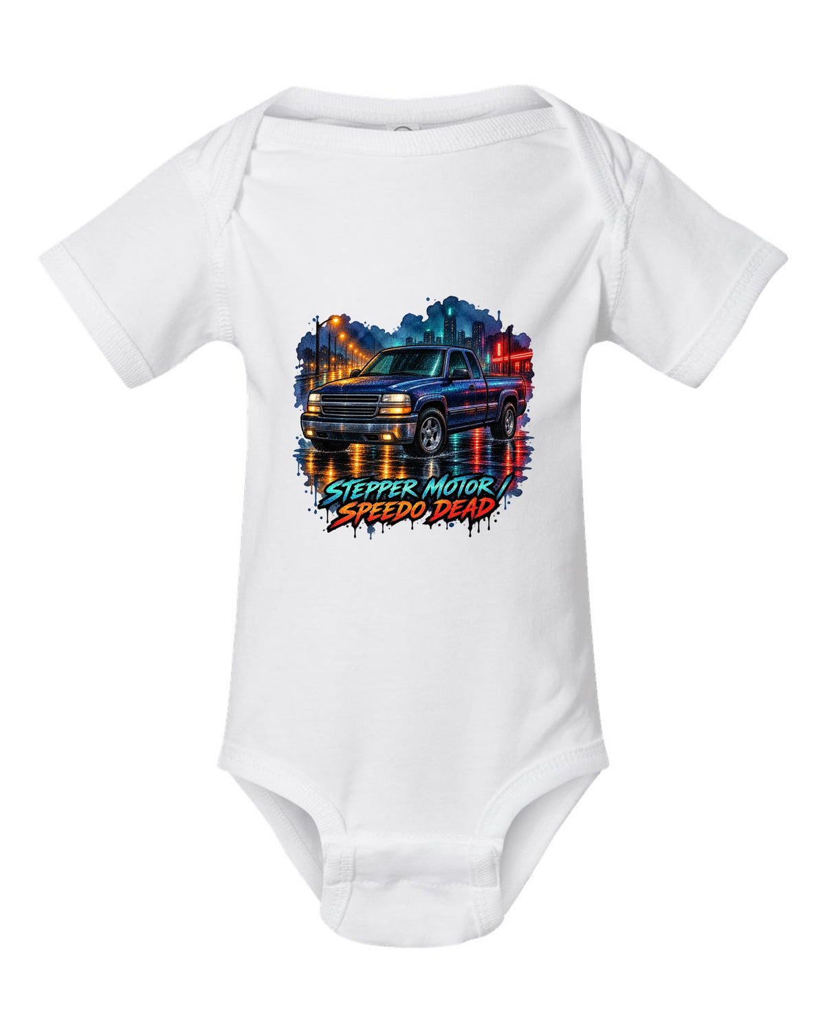 Watercolor wet-road night print of a 1999-2006 Chevrolet GMT800 NBS Silverado with stepper motor speedo dead lettering white baby onesie front view with the design