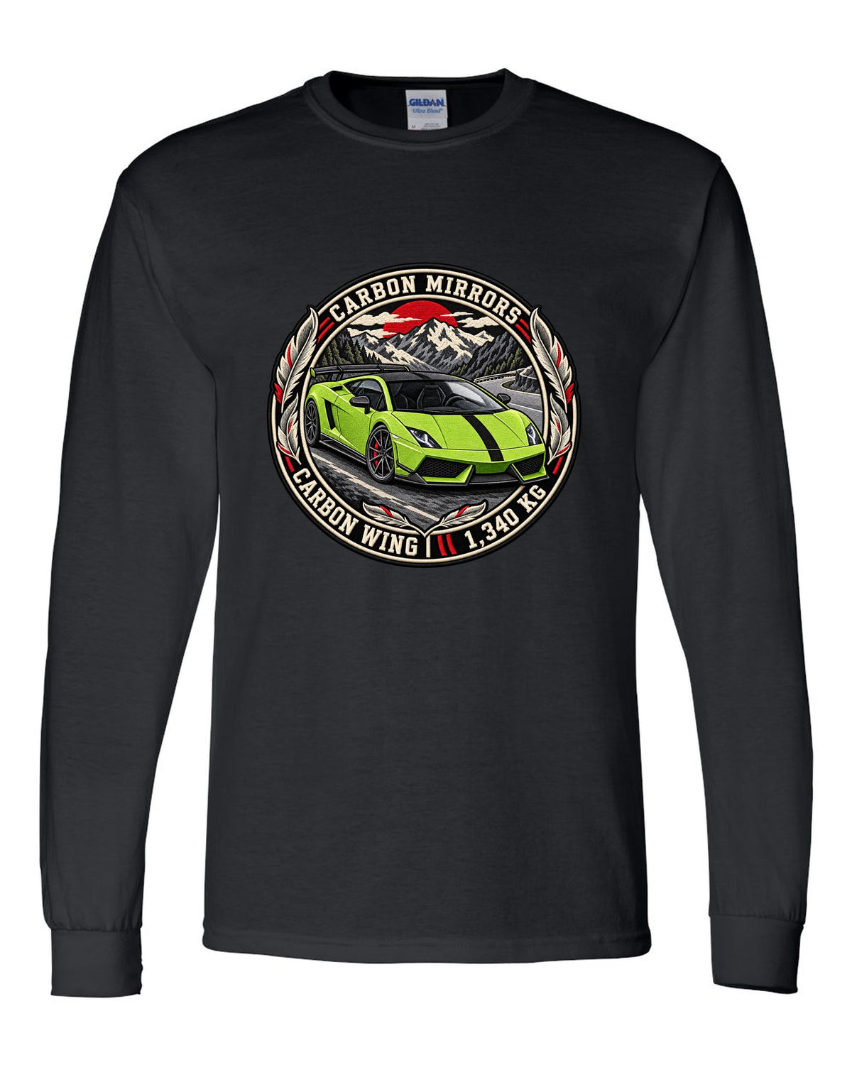 Round embroidery-style crest of a Lamborghini Gallardo LP570-4 Superleggera with carbon mirrors and wing text black long sleeve front view with the design