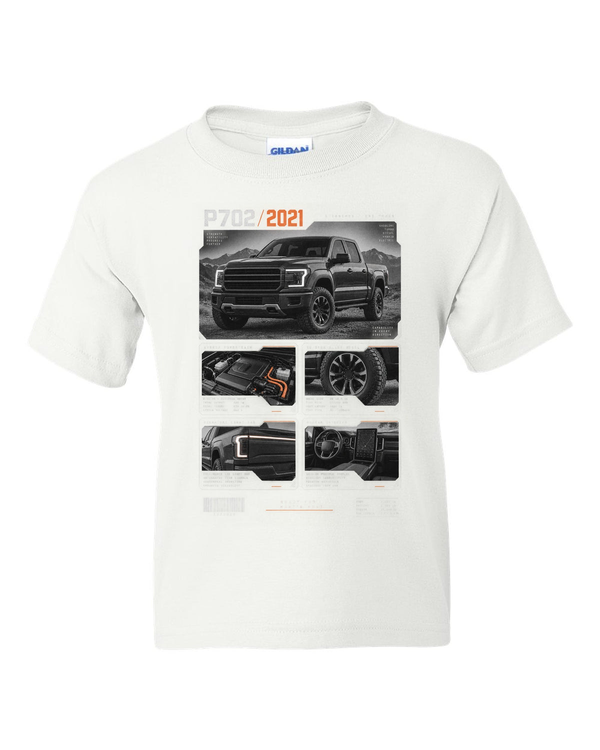 Dossier panel print of a 2021 Ford F-150 P702 light bar with five engines text white kids tee front view with the design