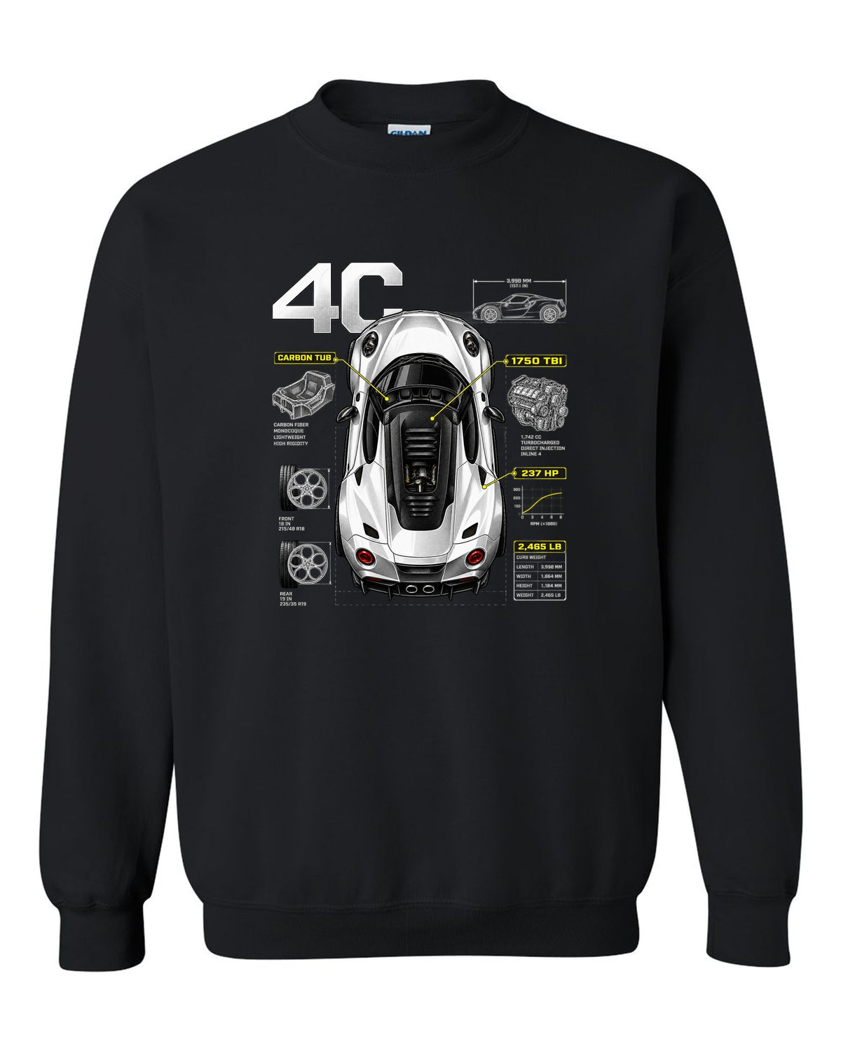 Overhead spec poster print of an Alfa Romeo 4C with carbon tub and 237 HP text black crewneck front view with the design