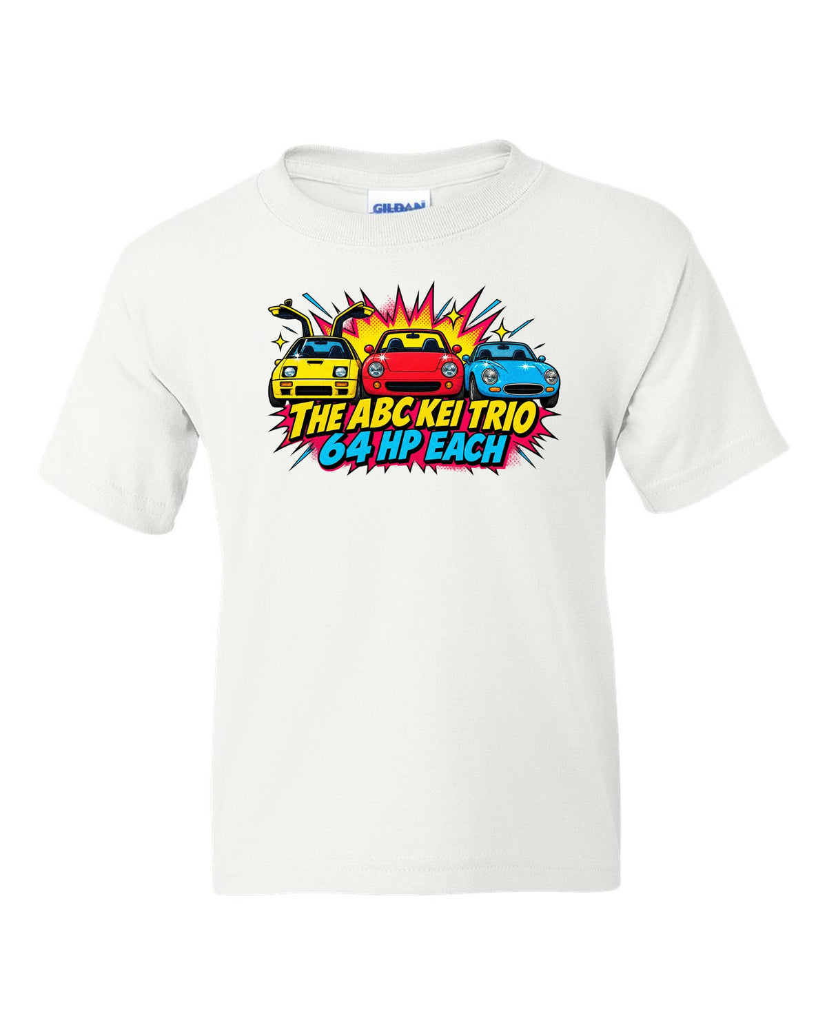 Comic halftone pop-art of the Autozam AZ-1, Honda Beat and Suzuki Cappuccino with 64 hp each white kids tee front view with the design