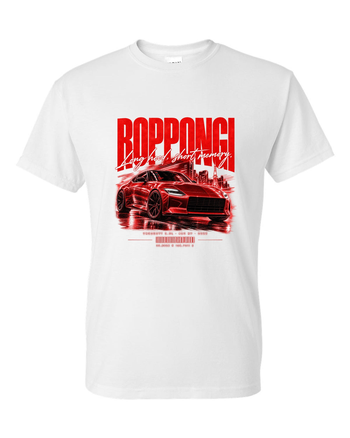 Street poster print of a Nissan Z RZ34 with Roppongi coordinates and VR30DDTT text white t-shirt front view with the design