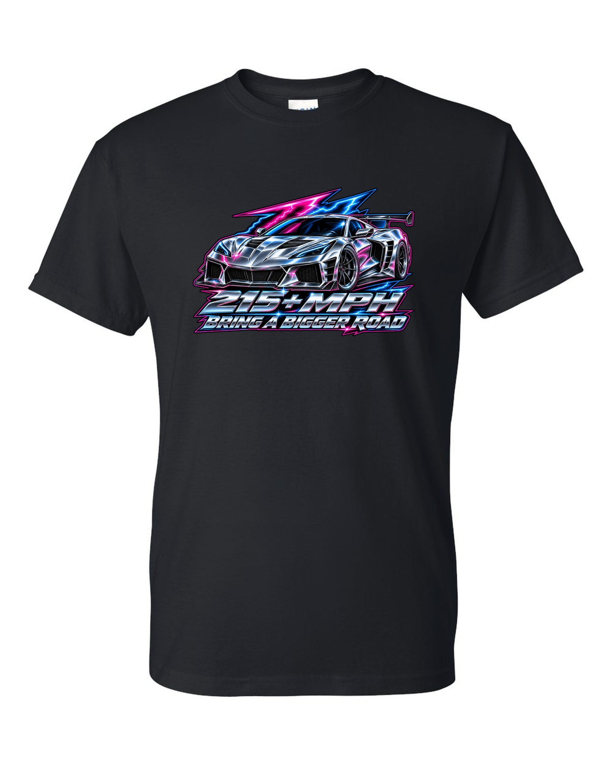 Gauge-cluster HUD design with a 2025 C8 Corvette ZR1 and 215 plus mph lettering black t-shirt front view with the design