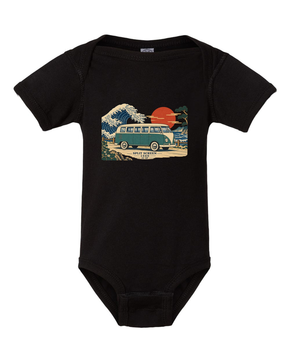 Ukiyo-e woodblock of a 1963 split-window VW Bus T1 with a wave and 42 HP lettering black baby onesie front view with the design