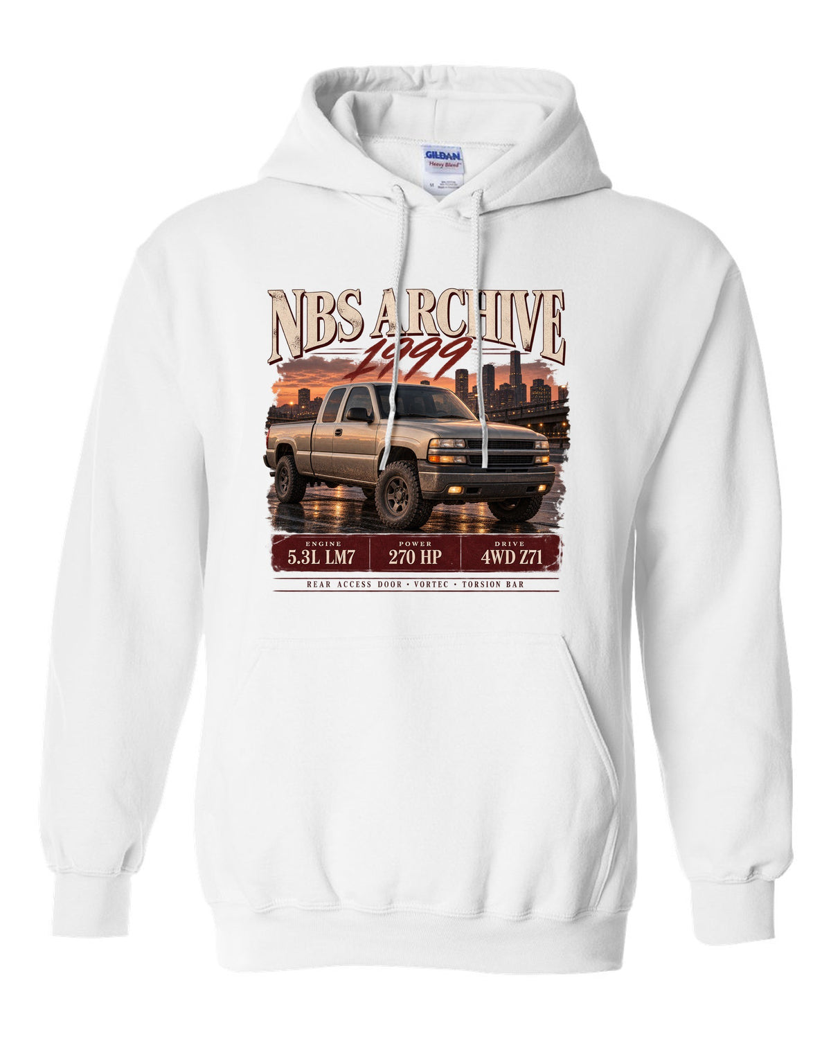 1999 Chevy Silverado NBS archive panel print white pull over hoodie front view with the design