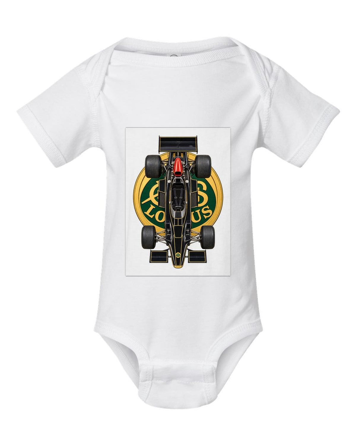Lotus 72D 1972 Formula 1 overhead poster artwork white baby onesie front view with the design