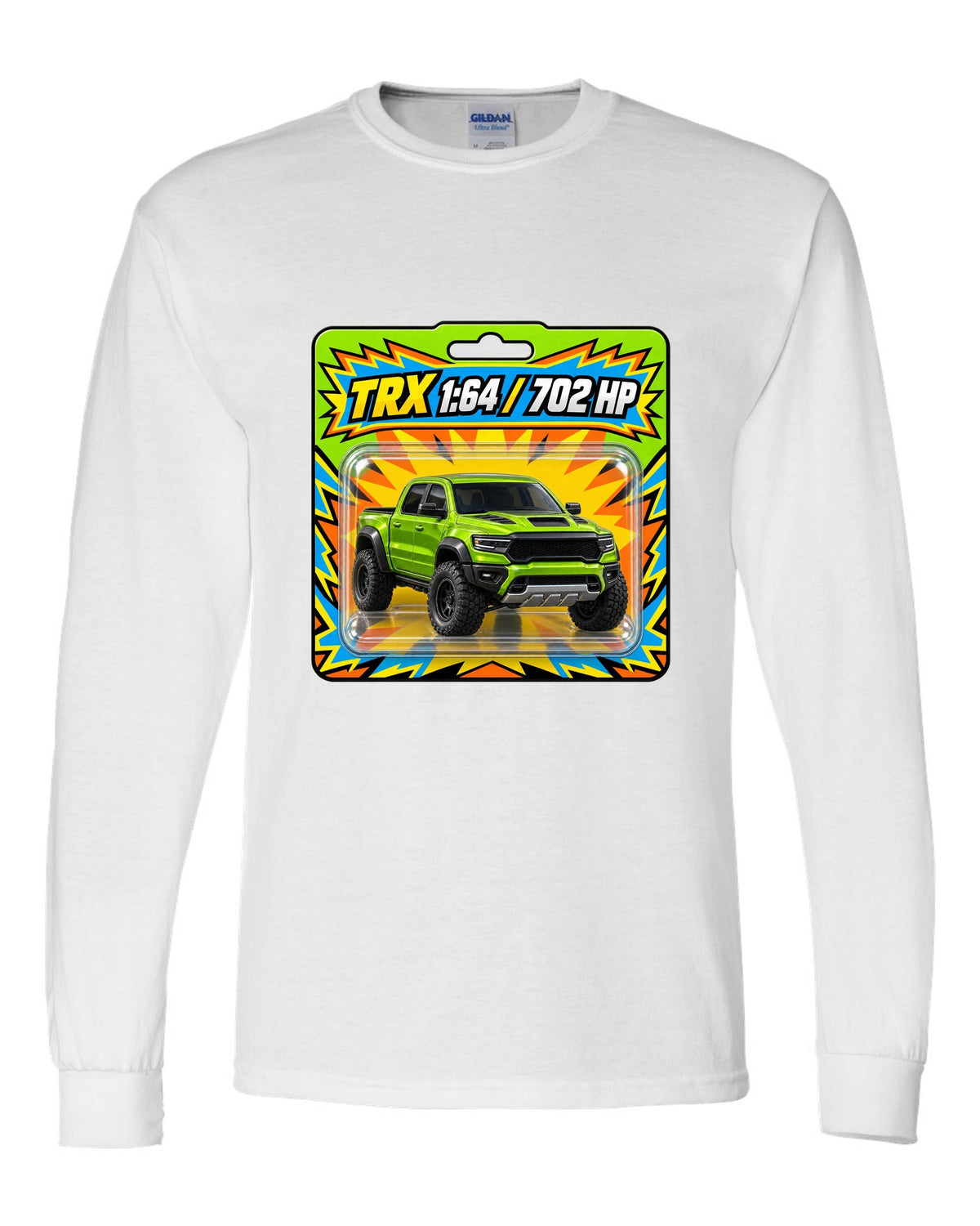 print of a 1:64 toy blister card featuring the Ram 1500 TRX with 702 HP white long sleeve front view with the design
